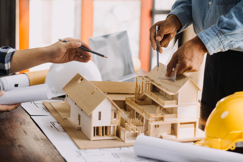 Elias Construction team working on architectural model